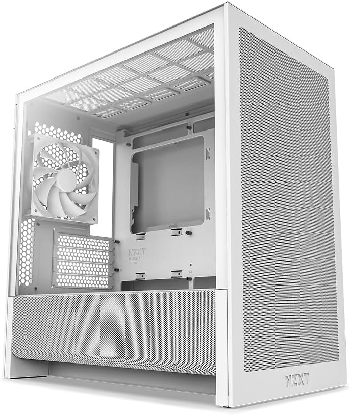 White computer case with a visible NZXT logo on a white background