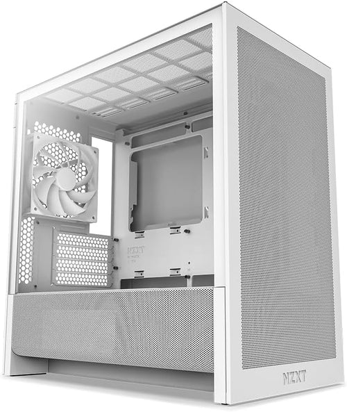 White computer case with a visible NZXT logo on a white background